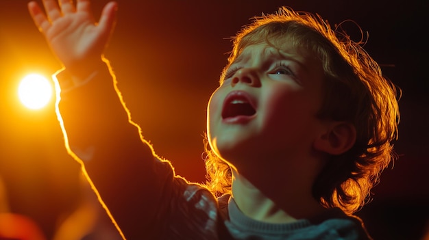 Photo child reaching out towards bright light