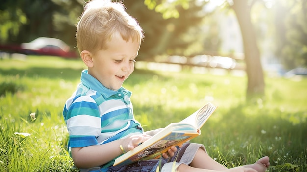 Child reading book out side