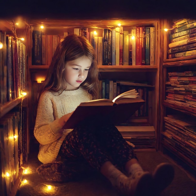 A child reading magical book in a cozy reading nook