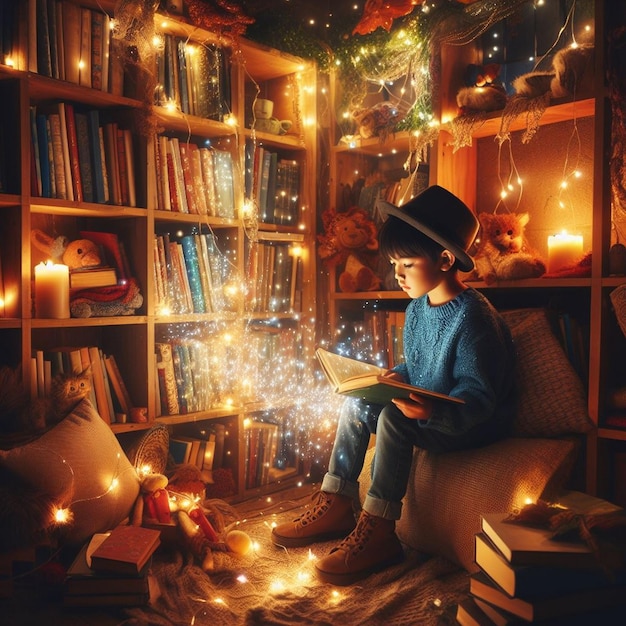 A child reading magical book in a cozy reading nook