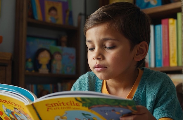 A child reading a picture book with fascination