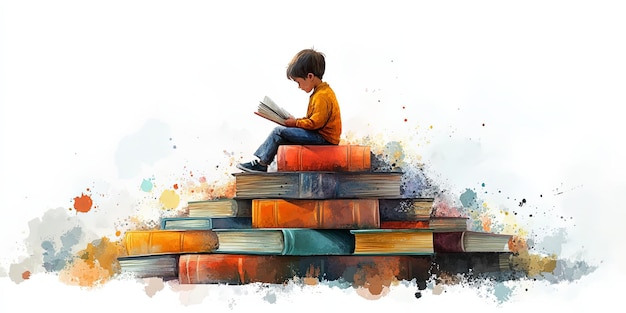 Child Reading on a Stack of Books in Magical Watercolor