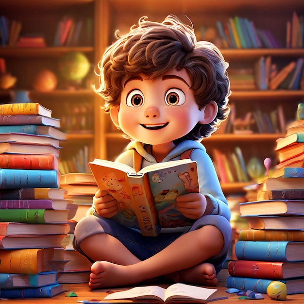 Child reading and studying with book