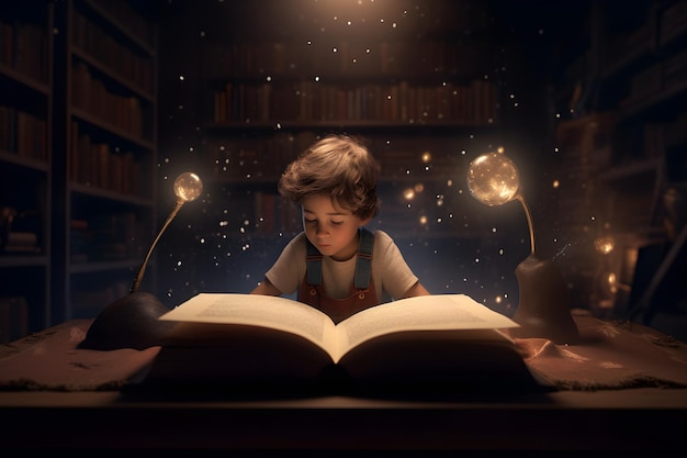 A child reads a book in a dark room with a lamp and a book on it.