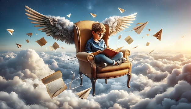 A child reads a book in a winged armchair flying in a cloudfilled sky with swirling letters and a