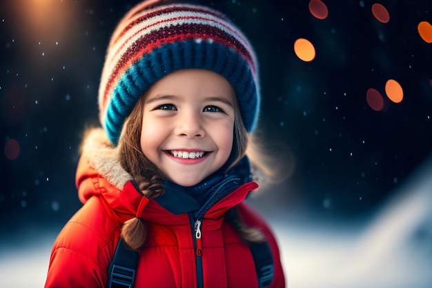 A child in a red jacket smiles at the camera.