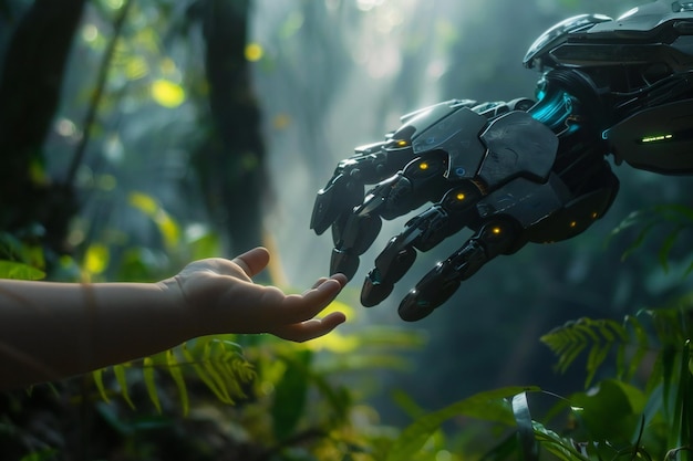 Child and Robot Interaction Futuristic Bond and Advanced AI Technology in a Nature Setting