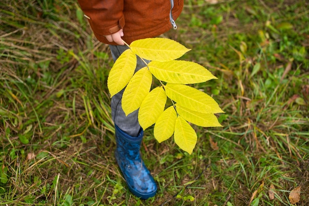 A child in rubber boots holds a yellow branch