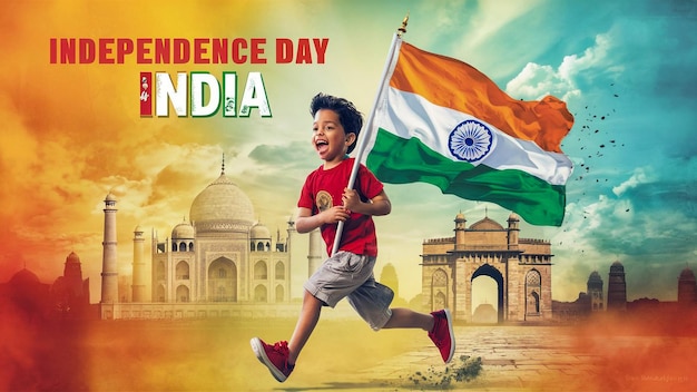 a child runs with a flag and the words independence day