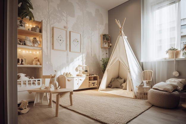 A child's playroom with a white teepee and a wooden shelf with a tree on it.