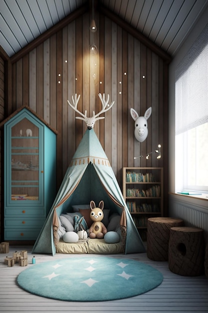 A child's room with a blue tent and a deer on the wall.