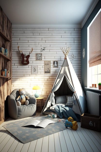 A child's room with a tent and a book on the wall