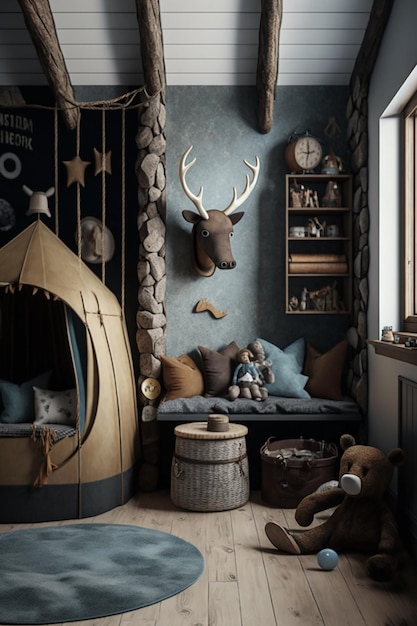 A child's room with a tent and a sign that says'the word deer'on it