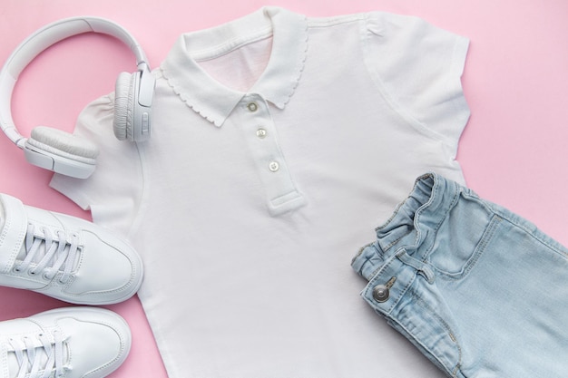 Child's tshirt shoes and headphones on pink backgrund