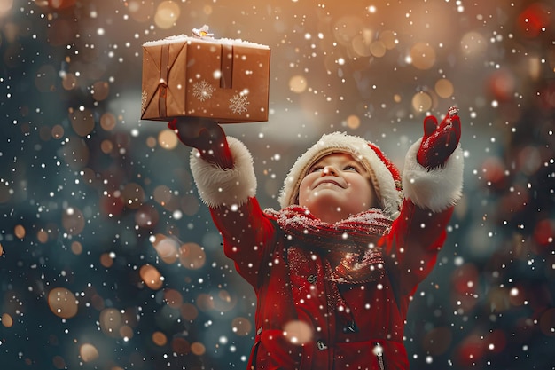 Photo child in santa claus clothes high above his head is holding box with words new year selective focus