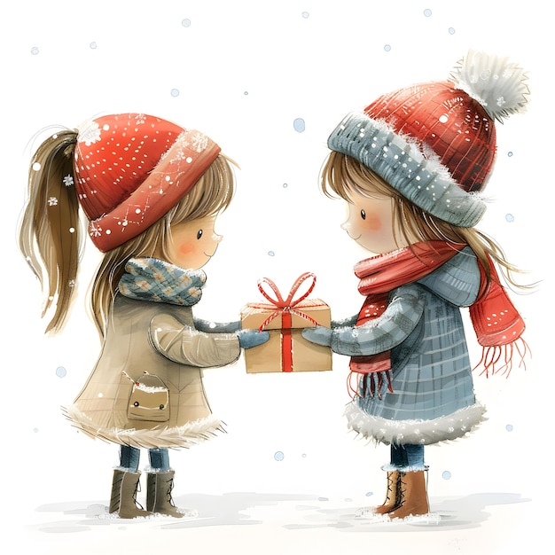 Child sharing a happy cartoon illustration as a gesture of friendship in winter