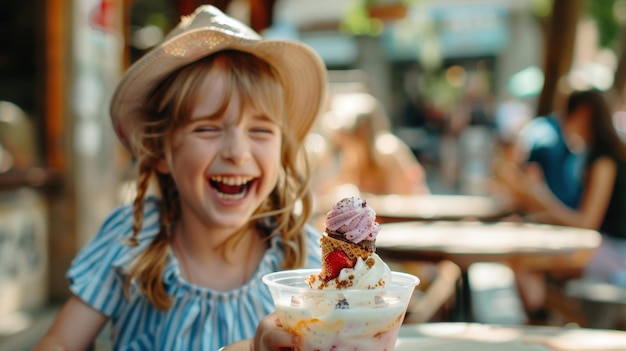 A child sharing an ice cream sundae with her friend at an outdoor