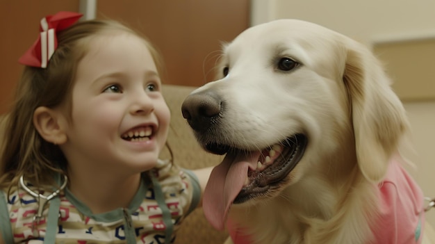 Photo a child sharing a smile with a therapy dog