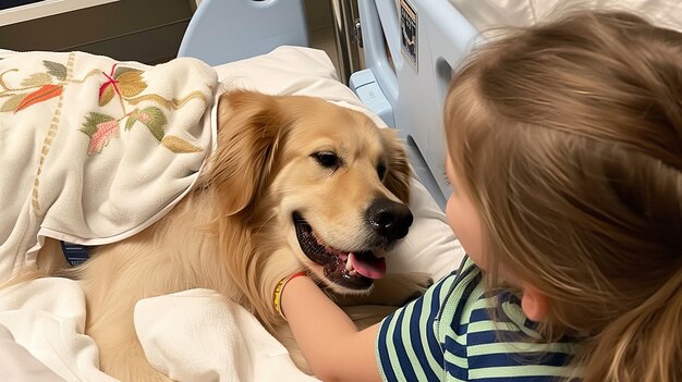 A child sharing a smile with a therapy dog