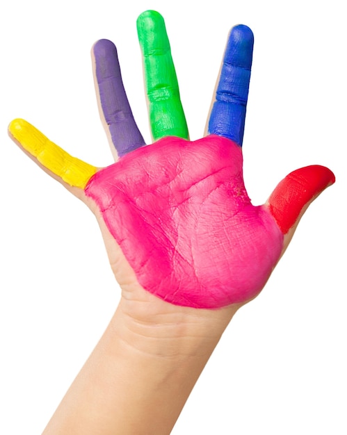 Child showing painted hand isolated on white background