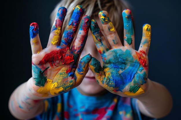 Photo a child showing their hands covered in colorful paint