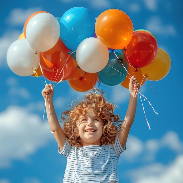 A child shows a happy facial gesture by carrying a balloon in his hand with a background