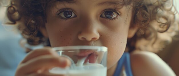 A child sips milk gazing upward with curiosity and innocence in soft focus