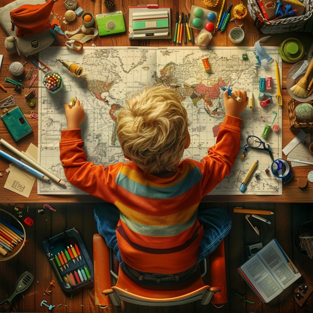 a child sits on a desk with a map that says quot the world quot