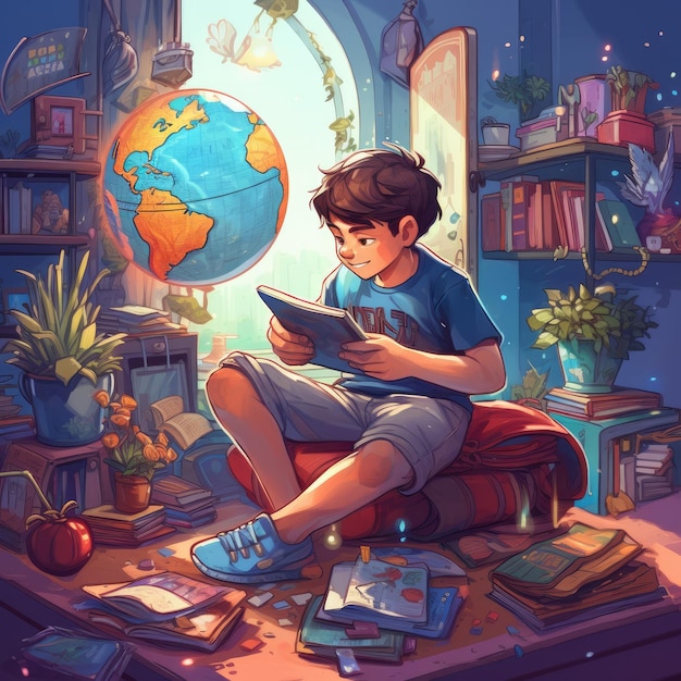 A child sits on earth reading a book among many different items cartoon with generative ai