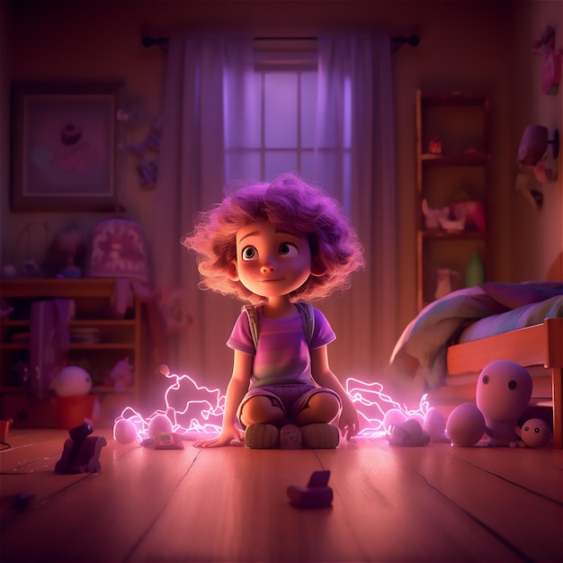 A child sits on the floor in a dark room with a purple light.