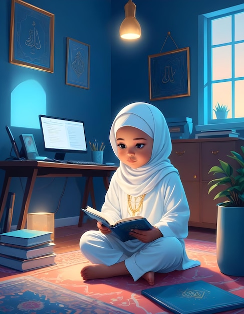 a child sits on the floor in front of a computer and reads a book