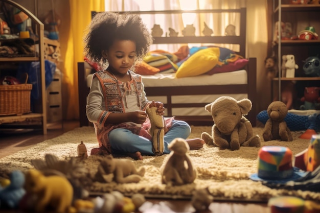 A child sits on a floor and playing