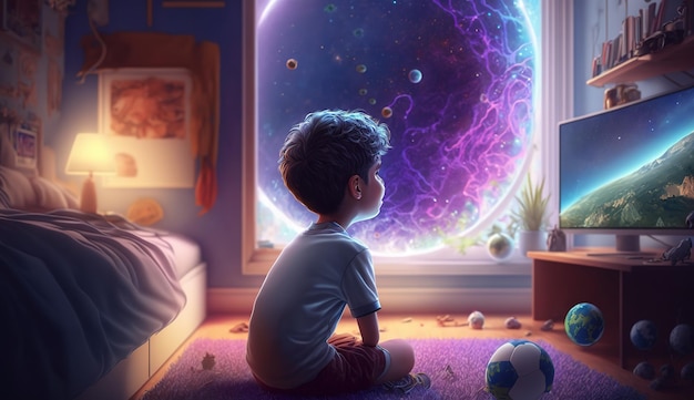 A child sits in front of a window with a planet in the background.