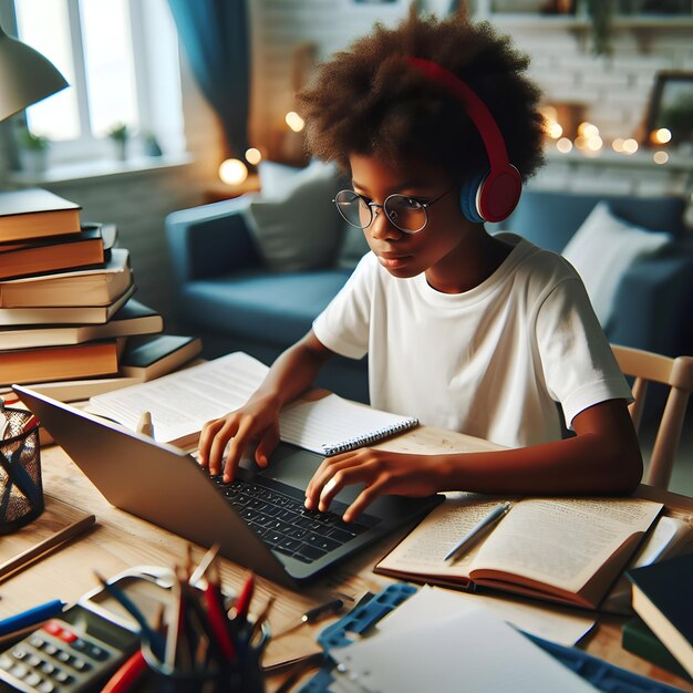 child sits playing on a laptop while doing homework Child playing