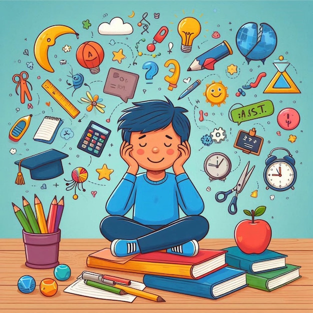 Photo a child sits on a table with a book and the word school on it