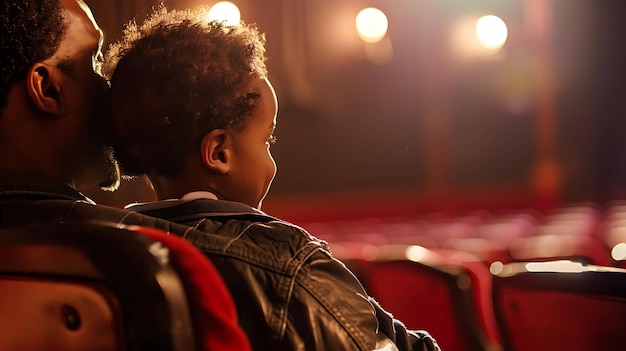 a child sits in a theater with a red chair in the background