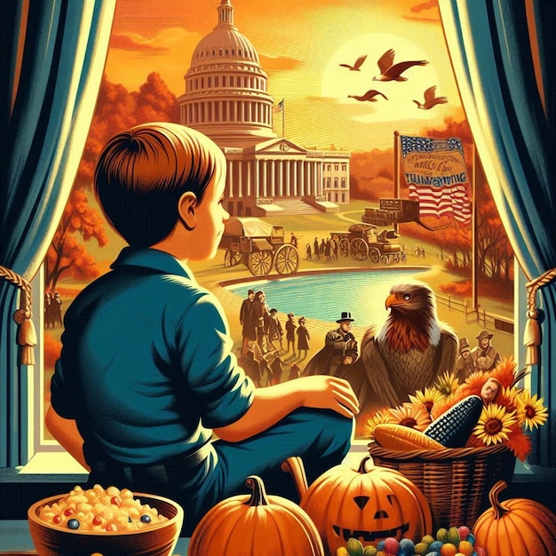 a child sits on a window sill with pumpkins and a sign that saysthe united stateson it