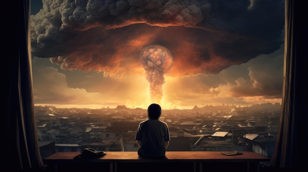 Child sitting by the window looking at the nuclear blast apocalyptic image ai generated