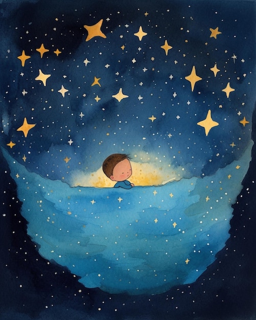 Photo a child sleeping in a cloud with a star on the top.