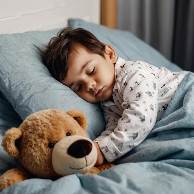 Photo a child sleeping with teddy bears on a bed ai generated