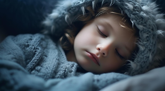 A child sleeps in a grey blanket with the word sleep on it.