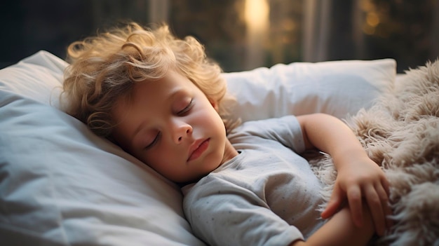 Photo the child sleeps in a white bed generative ai kid