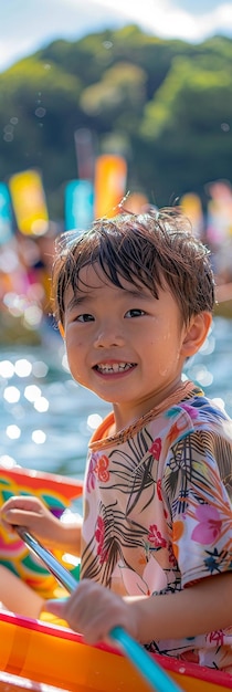 a child smiles at the camera in front of a water slide