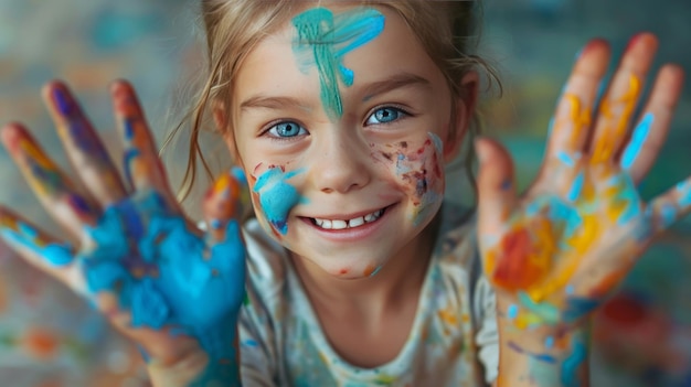 A child smiles for the camera with painted hands during an art activity displaying creativity and joy