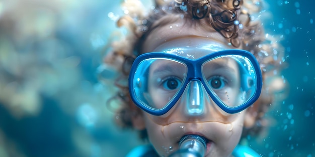 Photo child in snorkel mask gazes in wonder at underwater world in fish tank concept adventure underwater exploration child39s wonder snorkel mask fish tank