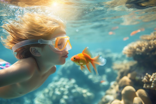 A child snorkeling alongside a colorful goldfish in a coral reef teeming with life