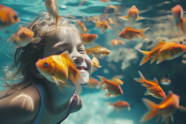 A child snorkeling alongside a colorful goldfish in a coral reef teeming with life