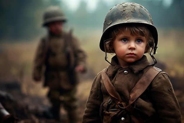 A child in a soldier's costume war in the modern world