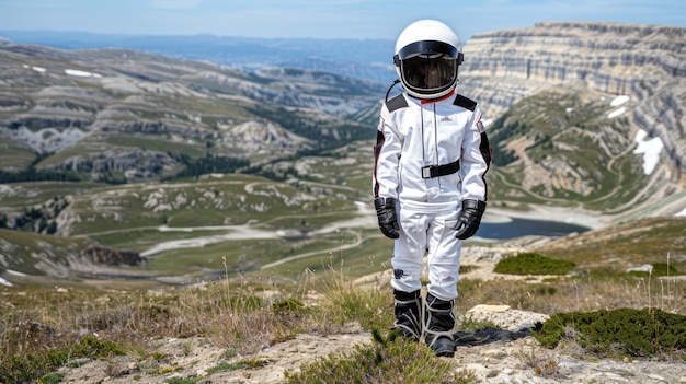 Photo a child in a space suit poses confidently in a breathtaking mountainous landscape with valleys and distant hills under a bright blue sky