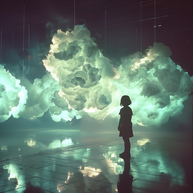 Child standing under glowing synthetic clouds in a dark room ethereal surreal futuristic luminous